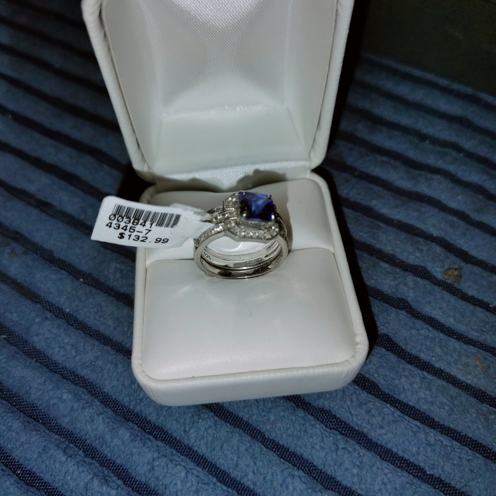 Sterling Silver Blue Stone Halo Bridal Ring Set